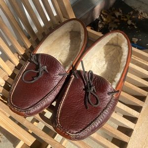LL Bean Bison Double soled brown leather shearling lined slippers mens 11